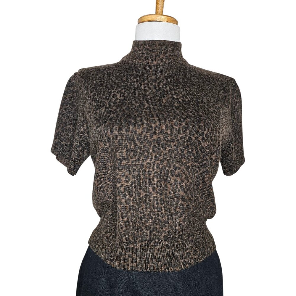 Vintage 90s Leopard Mock Neck Short Slv Sweater Brown Nina Leonard Wool Blend PM
